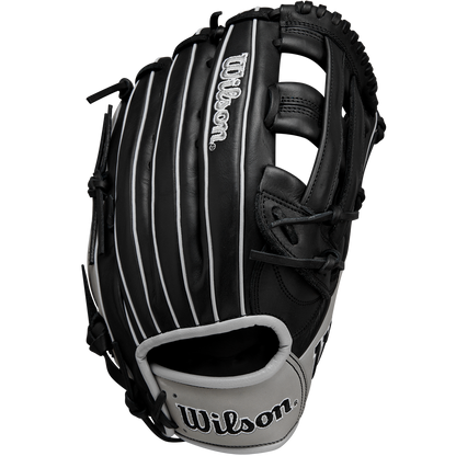 The Wilson A1000 1750 12.5" Baseball Glove (WBW102585125) is a black outfield glove with white stitching, gray trim, the Wilson logo on the wrist strap, and crafted from durable Full Grain leather.