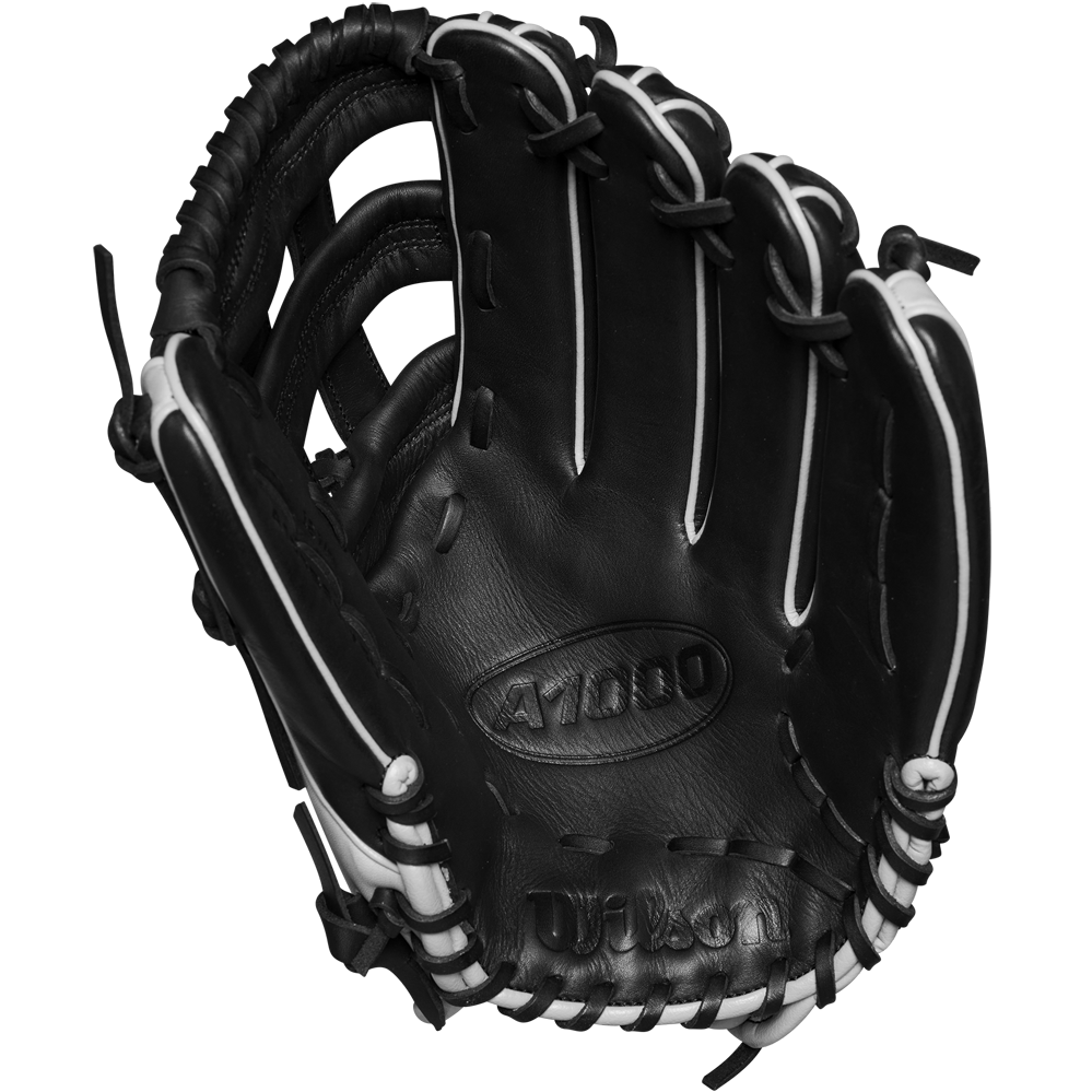 The Wilson A1000 1750 12.5" Baseball Glove (WBW102585125) is a black full grain leather outfield glove with white laces and visible stitching, featuring the Wilson brand and model embossed on the palm.