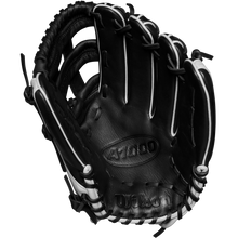 The Wilson A1000 1750 12.5" Baseball Glove (WBW102585125) is a black full grain leather outfield glove with white laces and visible stitching, featuring the Wilson brand and model embossed on the palm.
