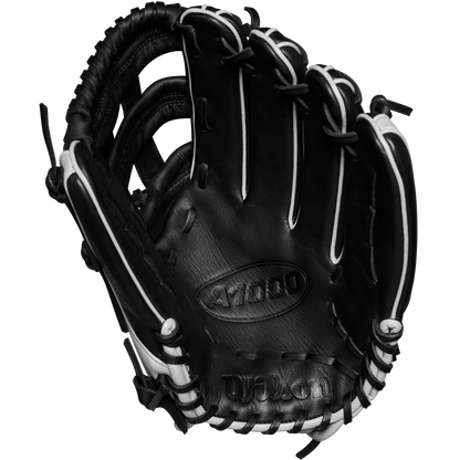 The Wilson A1000 1750 12.5" Baseball Glove (WBW102585125) is a black full grain leather outfield glove with white laces and visible stitching, featuring the Wilson brand and model embossed on the palm.