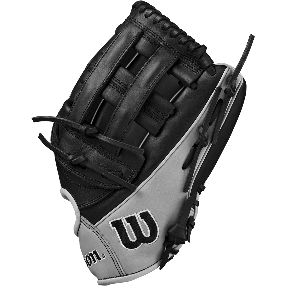 The Wilson A1000 1750 12.5" Baseball Glove (WBW102585125) features a black and gray design, webbed pocket, the Wilson W logo, and Full Grain leather—resembling the glove used by Mookie Betts—shown on a plain white background.