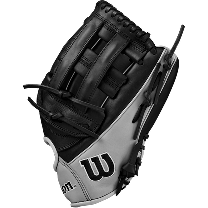 The Wilson A1000 1750 12.5" Baseball Glove (WBW102585125) features a black and gray design, webbed pocket, the Wilson W logo, and Full Grain leather—resembling the glove used by Mookie Betts—shown on a plain white background.