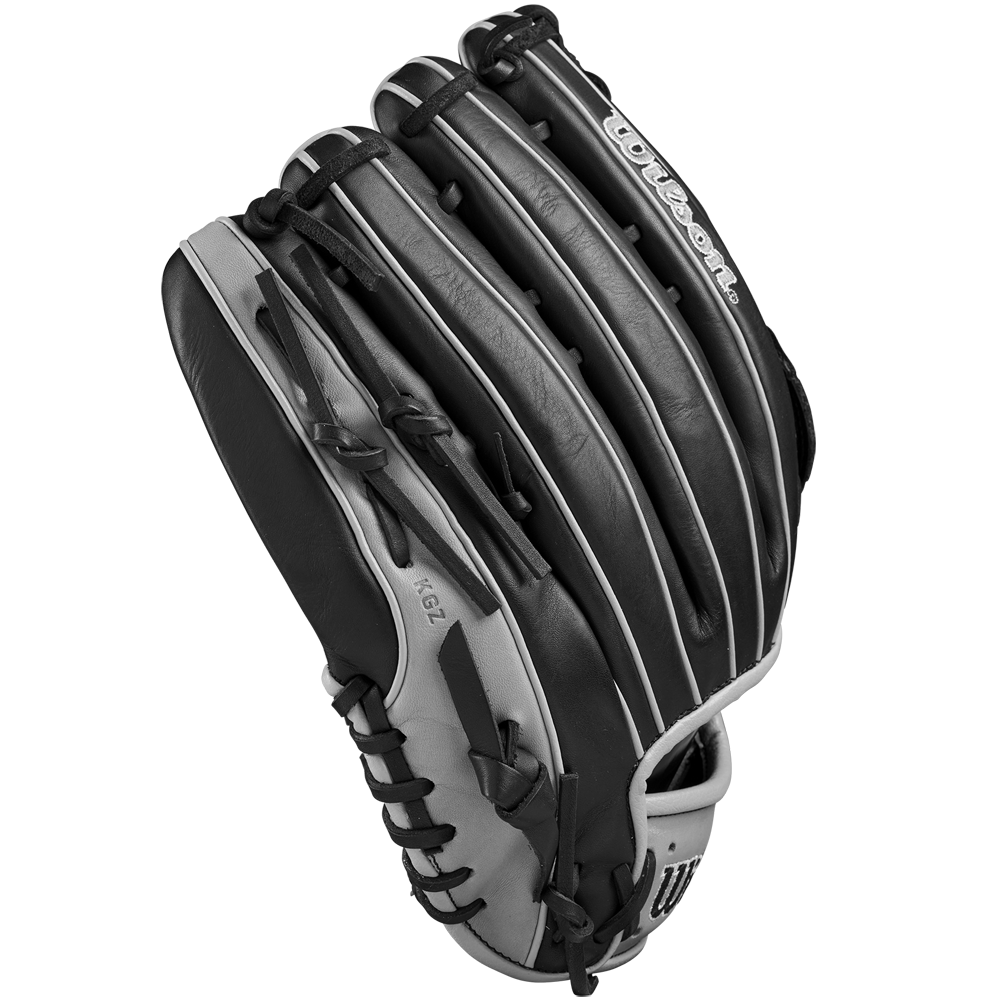 The Wilson A1000 1750 12.5" Baseball Glove (WBW102585125) is a black and gray full-grain leather outfield glove with visible stitching and the Wilson logo on top, displayed against a plain white background.