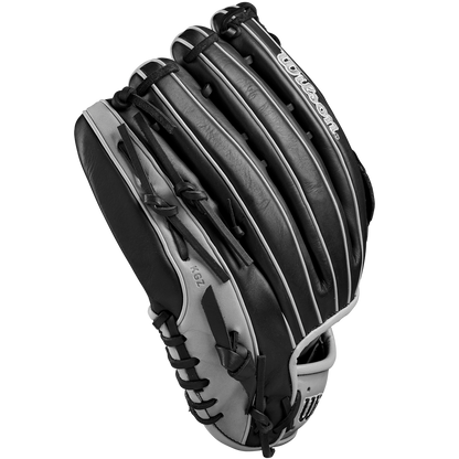 The Wilson A1000 1750 12.5" Baseball Glove (WBW102585125) is a black and gray full-grain leather outfield glove with visible stitching and the Wilson logo on top, displayed against a plain white background.