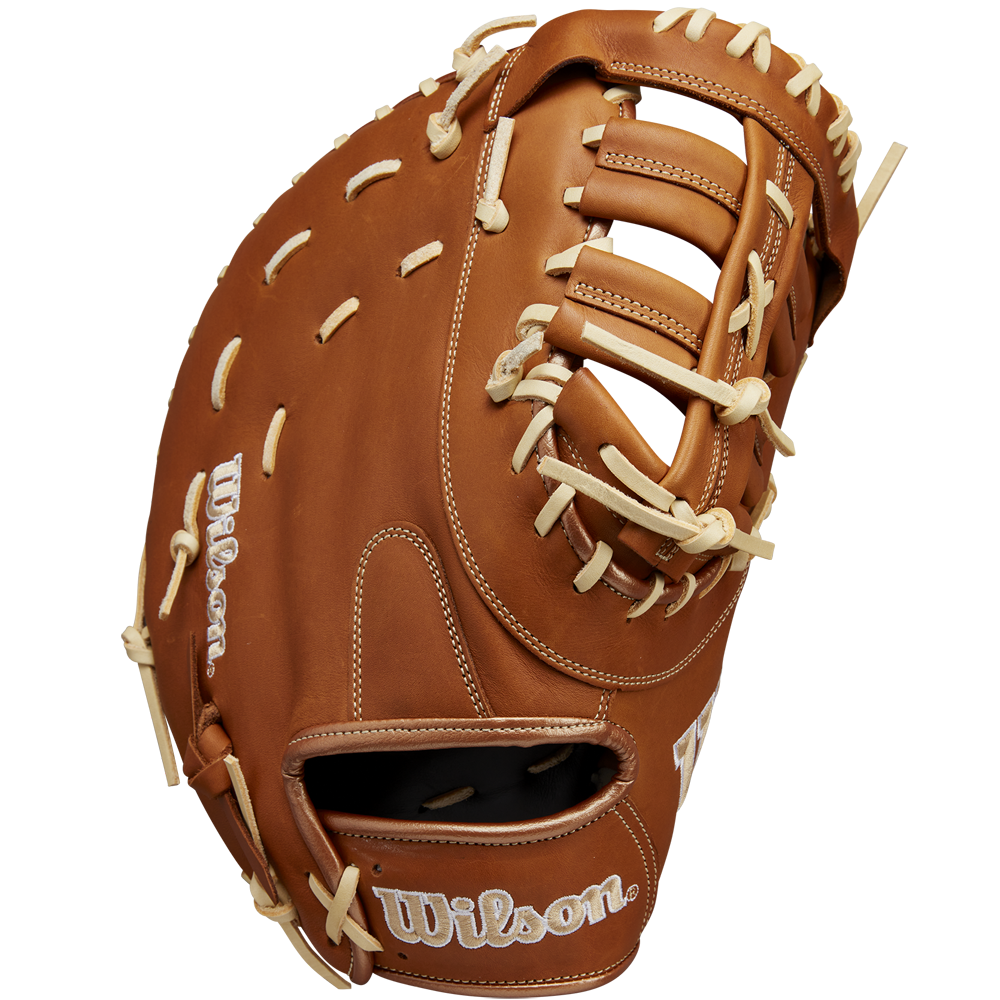 The Wilson A1000 1620 12.5" First Base Mitt (WBW102587125) features full-grain leather, tan laces, an open web, and the Wilson logo stitched in white on the thumb and wrist strap.