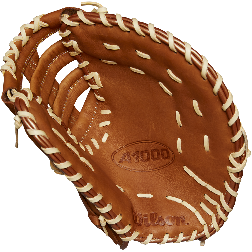 A close-up of the Wilson A1000 1620 12.5" First Base Mitt (WBW102587125) crafted from full-grain leather by Wilson.
