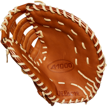 A close-up of the Wilson A1000 1620 12.5" First Base Mitt (WBW102587125) crafted from full-grain leather by Wilson.