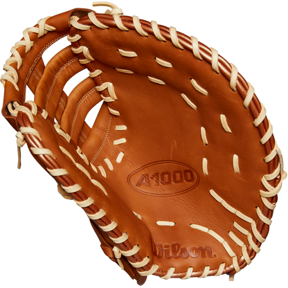 A close-up of the Wilson A1000 1620 12.5" First Base Mitt (WBW102587125) crafted from full-grain leather by Wilson.