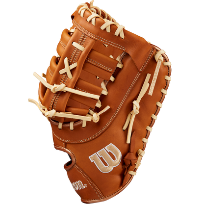The Wilson A1000 1620 12.5" Baseball First Base Mitt (WBW102587125) features brown Full Grain leather, cream laces, and a white stitched W logo, displayed to highlight its webbing and stitching details.