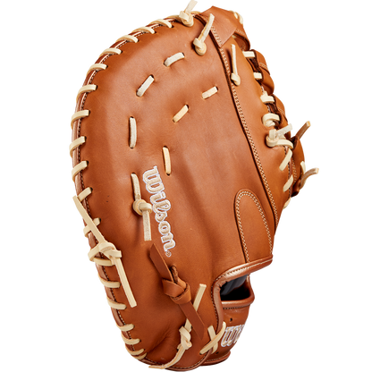 A Wilson A1000 1620 12.5" first base mitt (WBW102587125) by Wilson, featuring full grain leather with white stitching and laces, displayed on a plain white background.