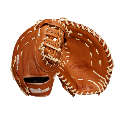 The Wilson A1000 1620 12.5" Baseball First Base Mitt (WBW102587125) by Wilson is crafted from brown full grain leather with white laces, and is shown front and back against a plain white background.