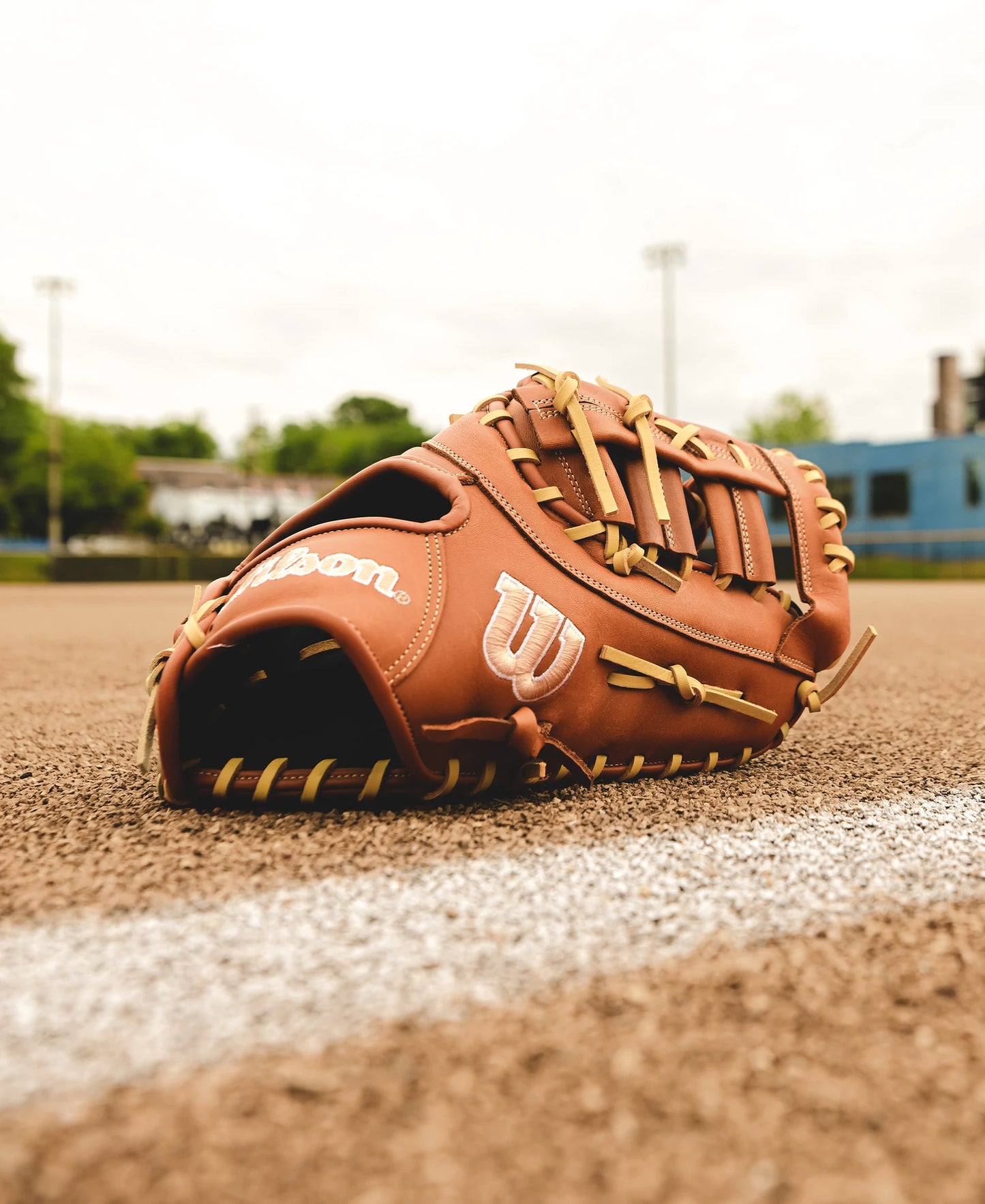 A Wilson A1000 1620 12.5" First Base Mitt (WBW102587125) from Wilson lies on the dirt near a chalk line on a baseball field, with green trees and blurred stadium lights in the background.
