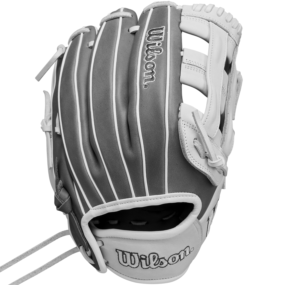The Wilson A1000 IF12 12" Fastpitch Glove (WBW10259112) is a gray and white leather infield glove with white stitching, embroidered Wilson logos, side lacing, and webbing—perfect for fastpitch softball.