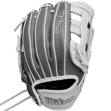 The Wilson A1000 IF12 12" Fastpitch Glove (WBW10259112) is a gray and white leather infield glove with white stitching, embroidered Wilson logos, side lacing, and webbing—perfect for fastpitch softball.