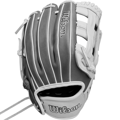 The Wilson A1000 IF12 12" Fastpitch Glove (WBW10259112) is a gray and white leather infield glove with white stitching, embroidered Wilson logos, side lacing, and webbing—perfect for fastpitch softball.
