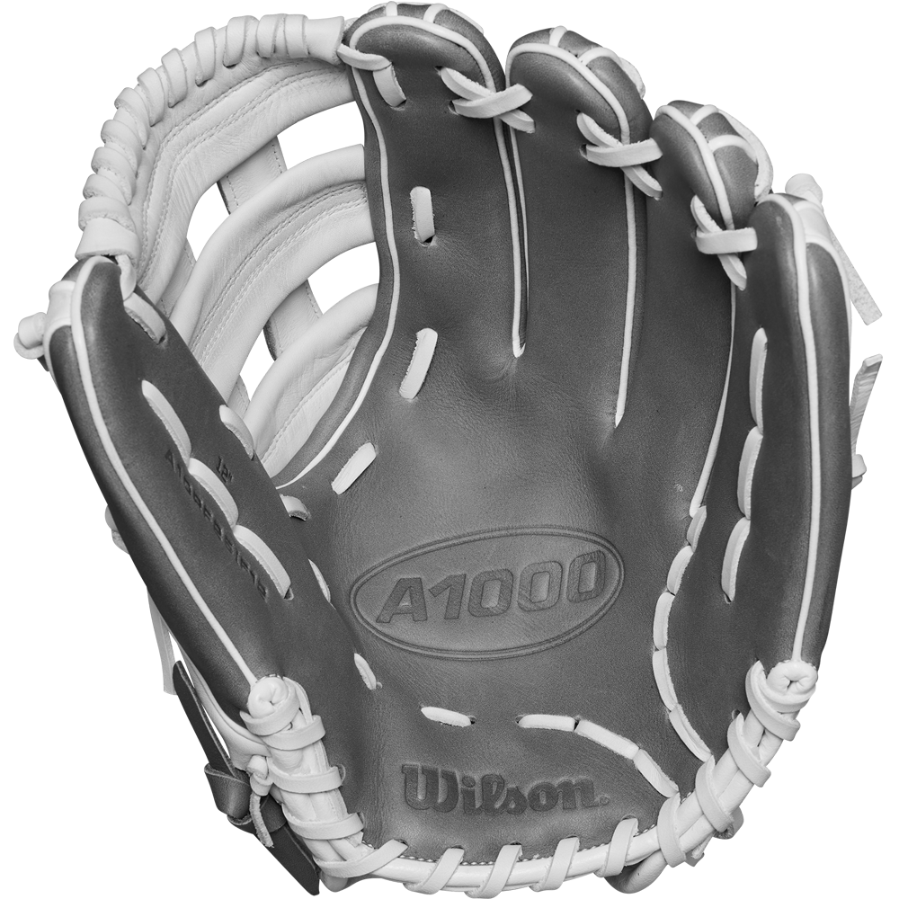 A close-up of the Wilson A1000 IF12 12" Fastpitch Glove (WBW10259112) shows its gray design with white laces, open palm, and webbing. The Wilson logo is embossed near the thumb area.
