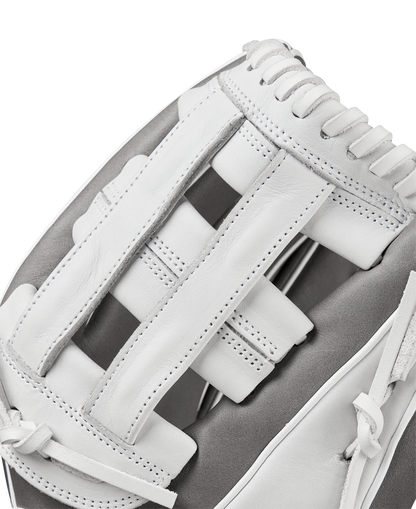 Close-up of the Wilson A1000 IF12 12" Fastpitch Glove (WBW10259112) by Wilson, featuring white full grain leather, detailed stitching, and woven laces—ideal as an infield glove—shown against a plain background.