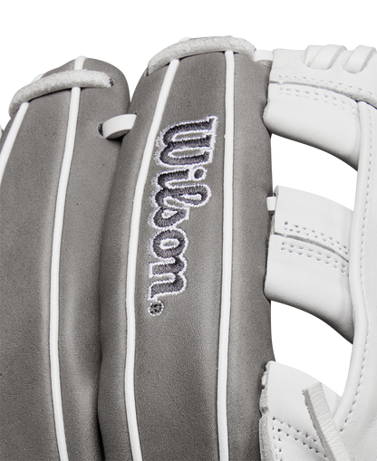 A close-up of the Wilson A1000 IF12 12" Fastpitch Glove (WBW10259112) by Wilson, crafted from Full Grain leather.
