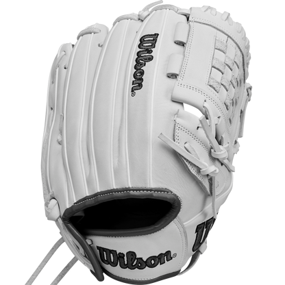 The Wilson A1000 P12 12" Fastpitch Glove (WBW10259212) is a white Full Grain leather glove with black stitching and an embroidered Wilson logo, shown on a plain white background.