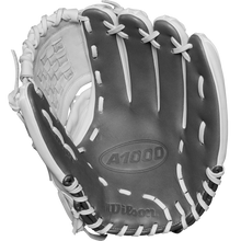 A black and white photo of the Wilson A1000 P12 12" Fastpitch Glove (WBW10259212) with white laces, made from Full Grain leather, features the Wilson brand and model name clearly visible on the palm.