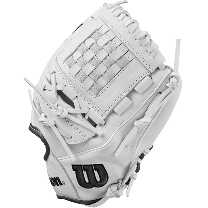 The Wilson A1000 P12 12" Fastpitch Glove (WBW10259212) is a white Full Grain leather glove with a woven web, detailed stitching, and a black W Wilson logo on the wrist, shown against a plain white background.