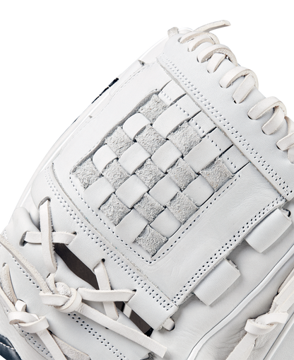 Close-up of the Wilson A1000 P12 12" Fastpitch Glove (WBW10259212), featuring detailed stitching, laces, and a woven pocket pattern on white full grain leather against a plain background.