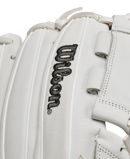 A close-up of the Wilson A1000 P12 12" Fastpitch Glove (WBW10259212) highlights its detailed stitching, black Wilson logo, and durable full-grain leather surface.