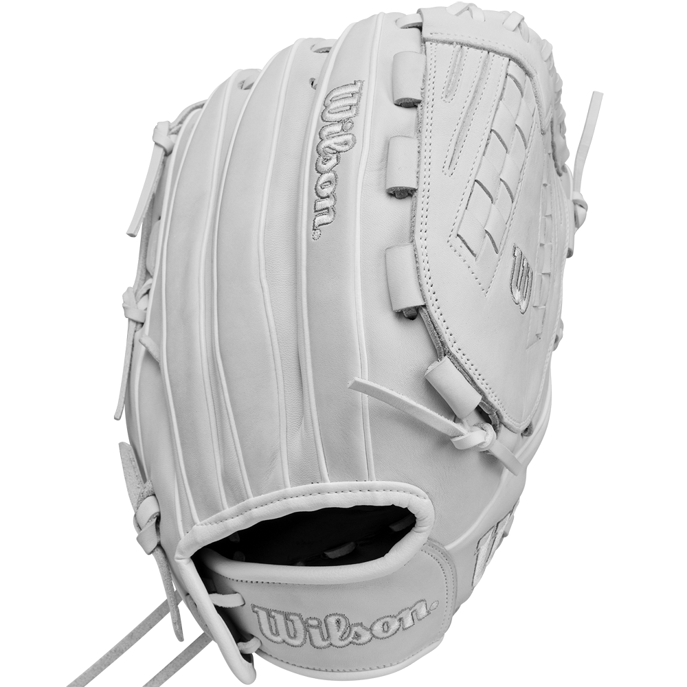 The Wilson A1000 V125 12.5" Fastpitch Glove (WBW102594125) is a white, full-grain leather outfield glove featuring visible stitching and embossed Wilson logos, shown from an angle emphasizing its pocket and webbing.