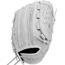 The Wilson A1000 V125 12.5" Fastpitch Glove (WBW102594125) is a white, full-grain leather outfield glove featuring visible stitching and embossed Wilson logos, shown from an angle emphasizing its pocket and webbing.