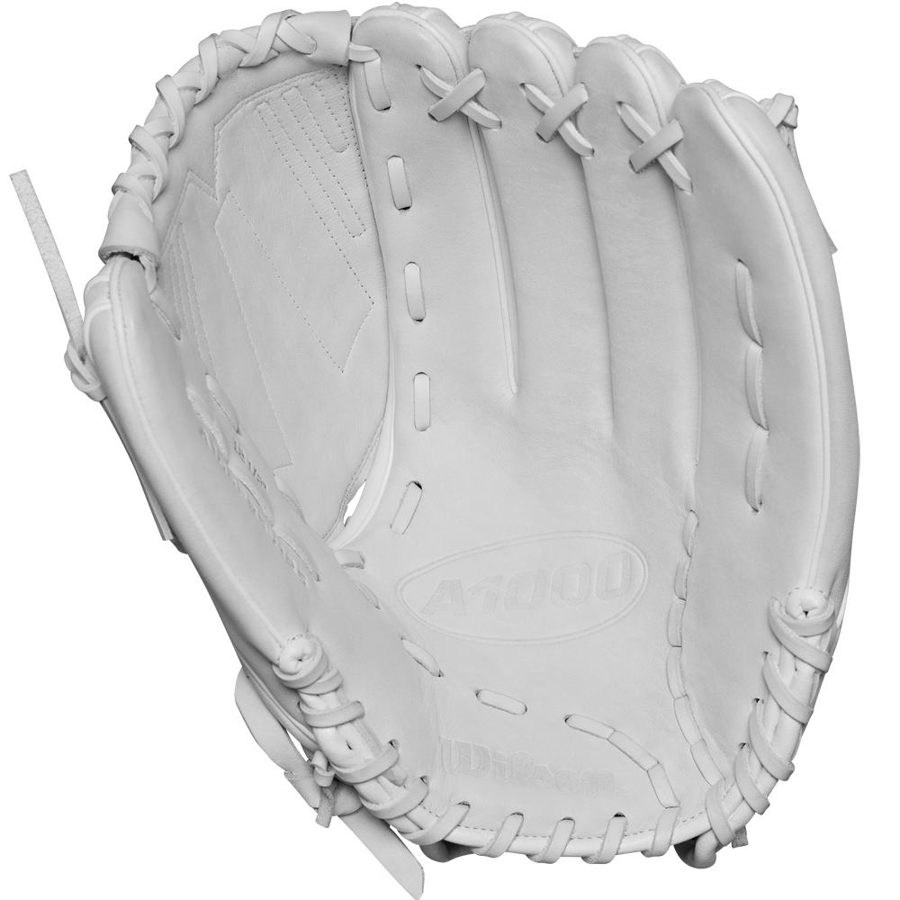 The Wilson A1000 V125 12.5" Fastpitch Glove (WBW102594125), made from full grain leather with visible stitching and laces, is shown open with its palm facing the viewer against a plain white background.