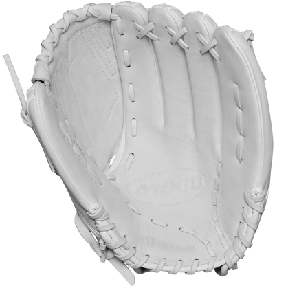 The Wilson A1000 V125 12.5" Fastpitch Glove (WBW102594125), made from full grain leather with visible stitching and laces, is shown open with its palm facing the viewer against a plain white background.