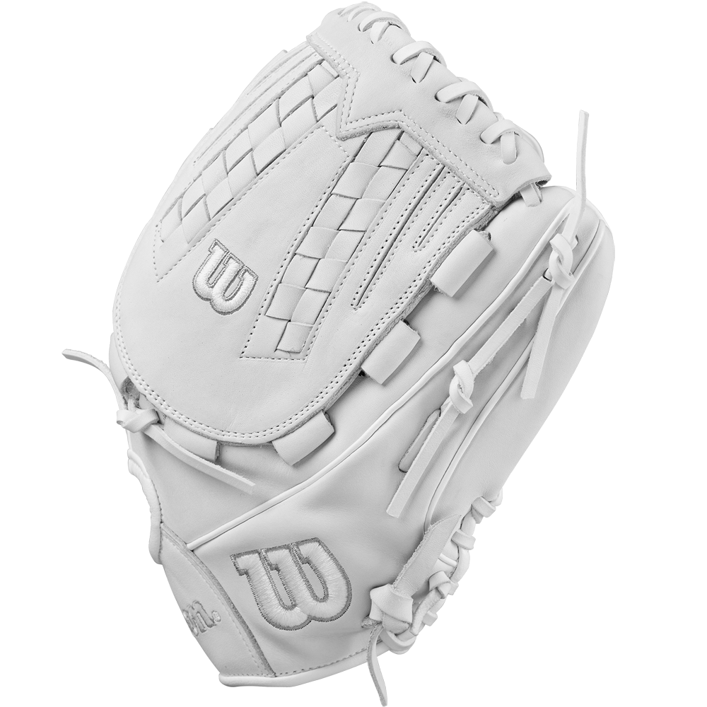 The Wilson A1000 V125 12.5" Fastpitch Glove (WBW102594125) is a white full-grain leather outfield glove with visible stitching, woven webbing, laces, a closed design, and the prominent Wilson “W” logo.