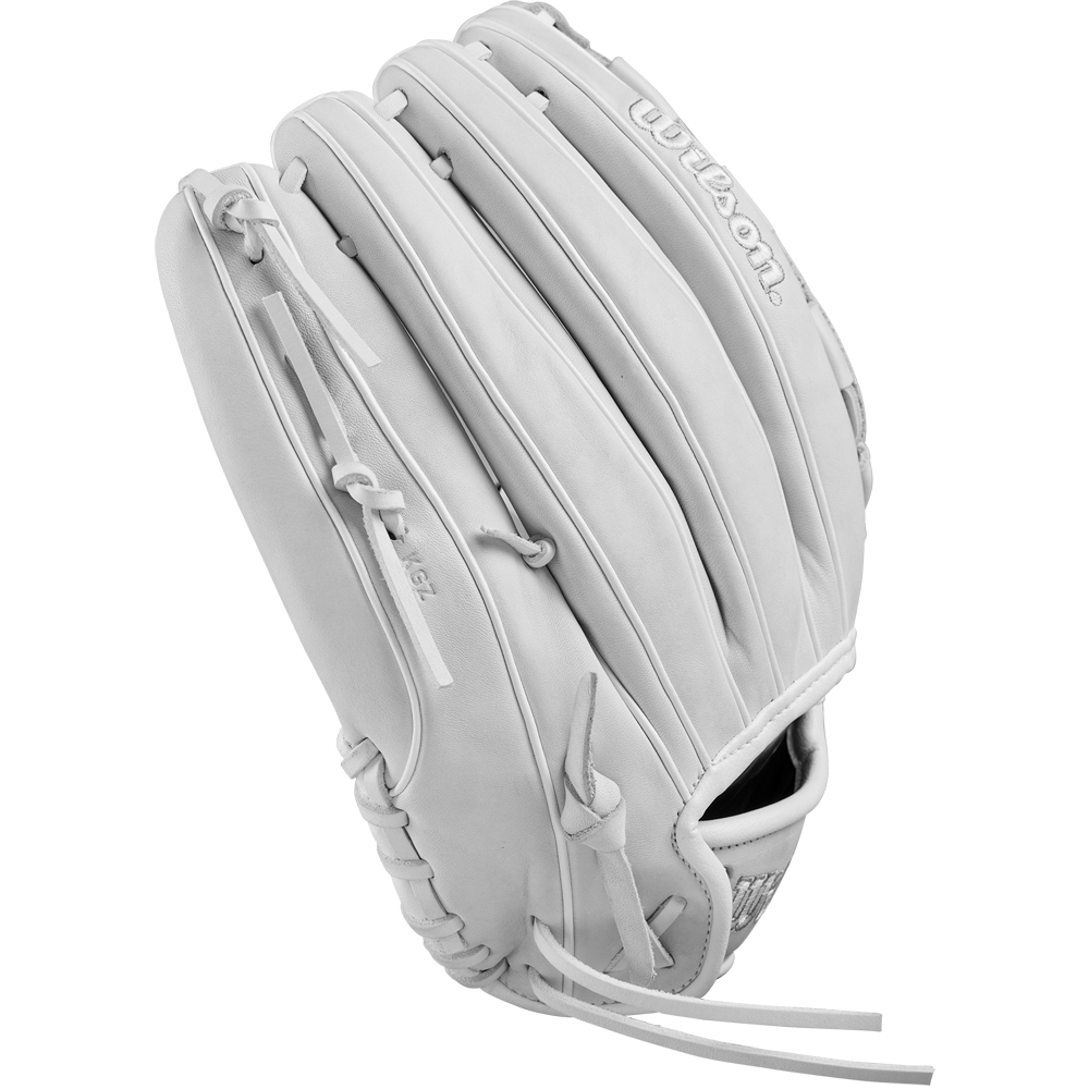 The Wilson A1000 V125 12.5" Fastpitch Glove by Wilson, in white full grain leather, is displayed at an angle to showcase its webbing, laces, and pocket against a plain light background.