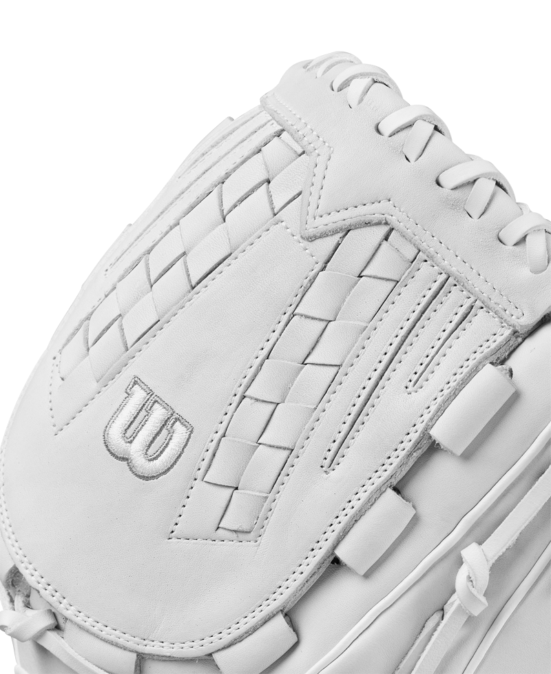Close-up of the Wilson A1000 V125 12.5" Fastpitch Glove (WBW102594125) in white full grain leather with intricate stitching and the Wilson W logo—ideal for outfield play in fastpitch softball.