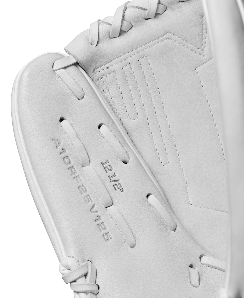 Close-up of a Wilson A1000 V125 12.5" fastpitch glove (WBW102594125) in white, highlighting detailed stitching, the brand's embossed text, and webbing on a light gray background.