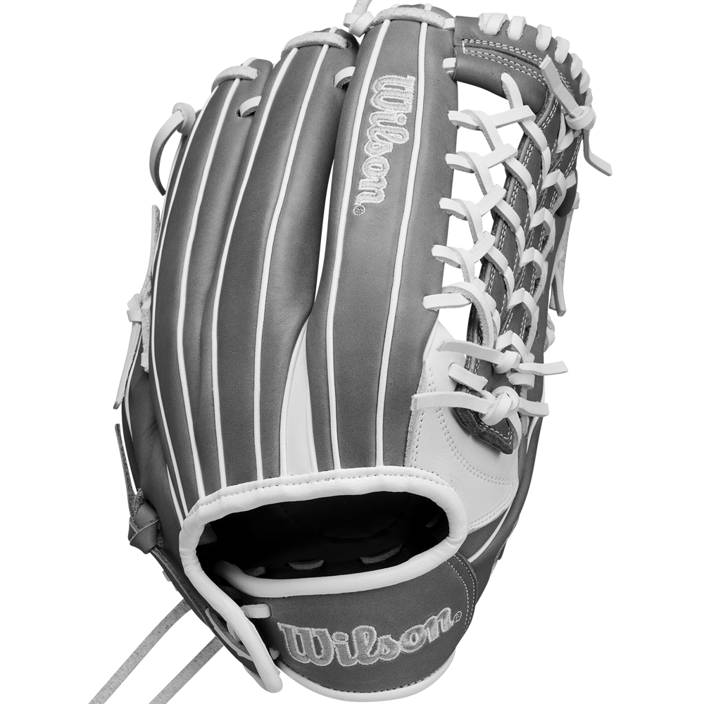 The Wilson A1000 T125 12.5" Fastpitch Glove (WBW102596125) features gray full grain leather, white stitching and laces, webbing detail, and Wilson branding—ideal as an outfield softball glove.