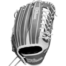 The Wilson A1000 T125 12.5" Fastpitch Glove (WBW102596125) features gray full grain leather, white stitching and laces, webbing detail, and Wilson branding—ideal as an outfield softball glove.