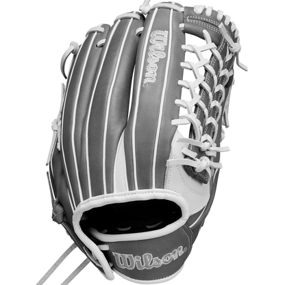 The Wilson A1000 T125 12.5" Fastpitch Glove (WBW102596125) features gray full grain leather, white stitching and laces, webbing detail, and Wilson branding—ideal as an outfield softball glove.