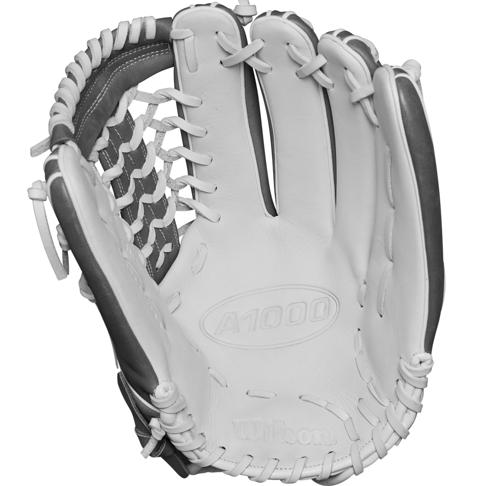The Wilson A1000 T125 12.5" Fastpitch Glove (WBW102596125) by Wilson, made from full grain leather, sits on a white background—perfect for outfield fastpitch softball players.