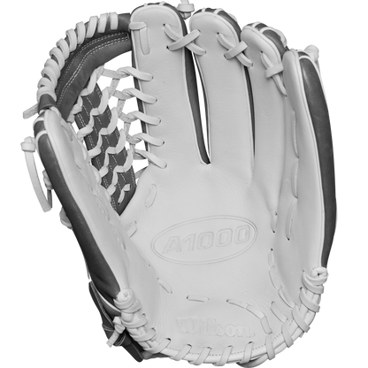 The Wilson A1000 T125 12.5" Fastpitch Glove (WBW102596125) by Wilson, made from full grain leather, sits on a white background—perfect for outfield fastpitch softball players.