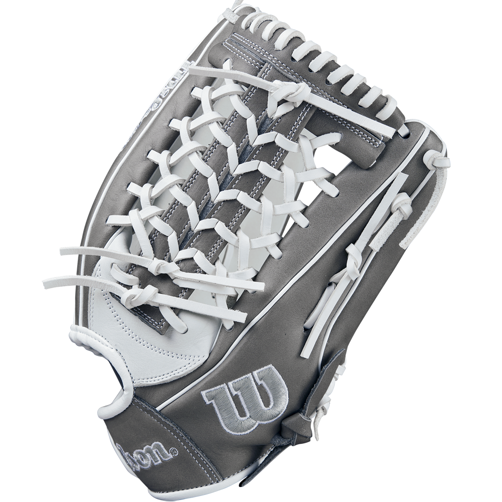 The Wilson A1000 T125 12.5" Fastpitch Glove (WBW102596125) is a gray and white outfield glove with white laces, Wilson logo on the thumb, full grain leather, and intricate webbing—perfect for fastpitch softball.