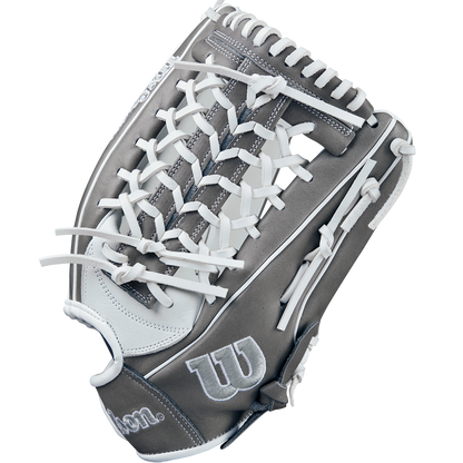 The Wilson A1000 T125 12.5" Fastpitch Glove (WBW102596125) is a gray and white outfield glove with white laces, Wilson logo on the thumb, full grain leather, and intricate webbing—perfect for fastpitch softball.