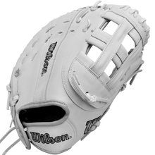 The Wilson A1000 1620 12.5" Fastpitch First Base Mitt (WBW102598125) is a white, full-grain leather mitt featuring visible stitching and laces, with the Wilson logo embroidered on the thumb and palm. Its webbing and pocket are clearly displayed.