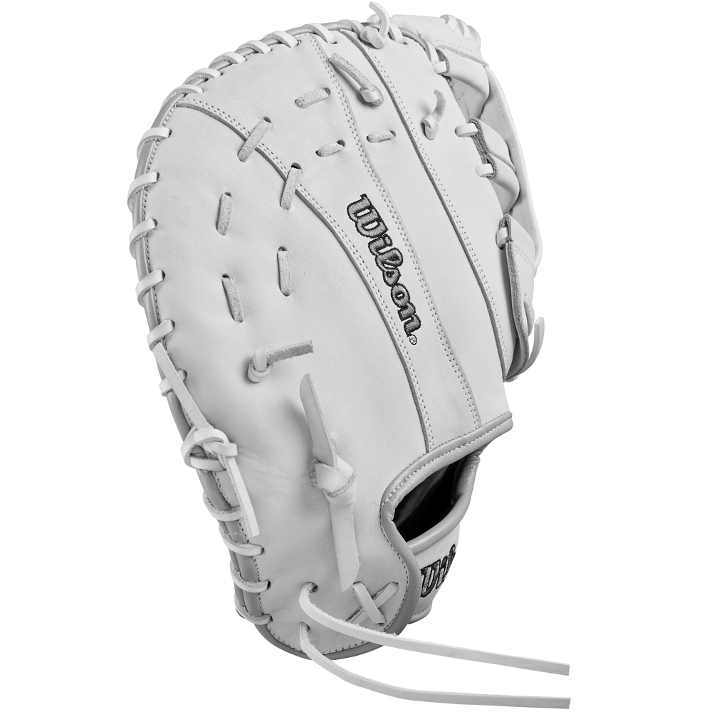 The Wilson A1000 1620 12.5" Fastpitch First Base Mitt (WBW102598125) is a white, full grain leather glove with visible stitching and the Wilson logo on the palm, shown against a plain white background.