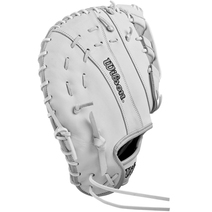 The Wilson A1000 1620 12.5" Fastpitch First Base Mitt (WBW102598125) is a white, full grain leather glove with visible stitching and the Wilson logo on the palm, shown against a plain white background.