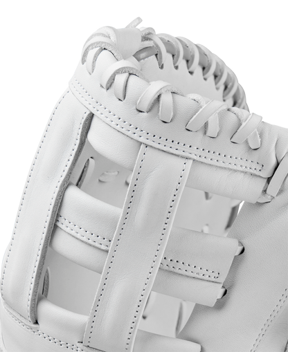 Close-up of the Wilson A1000 1620 12.5" Fastpitch First Base Mitt (WBW102598125) by Wilson, featuring full grain leather, detailed stitching and laces, plus intricate webbing between the thumb and fingers.