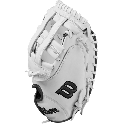 The Wilson A1000 CM33 33" Fastpitch Catcher's Mitt (WBW10260033) is a white catcher's mitt with black lettering, crafted from premium full grain leather.