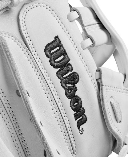Close-up of the Wilson A1000 CM33 33" Fastpitch Catcher's Mitt, crafted from white full grain leather with black-stitched Wilson branding. The glove’s stitching and texture are detailed, showcasing its classic catcher’s mitt design.