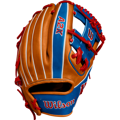 Displayed on a white background, the Wilson A2K 1786 11.5" Mookie Betts GM Baseball Glove (FALL 2024, WBW102616115) features premium Pro Stock Select leather for top infield performance and lasting durability.