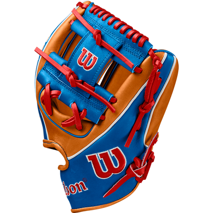 The Wilson A2K 1786 11.5" Mookie Betts GM Baseball Glove (FALL 2024: WBW102616115) features Pro Stock Select leather in blue, tan, and red with red laces and the white/red Wilson W logo for a classic infield design.
